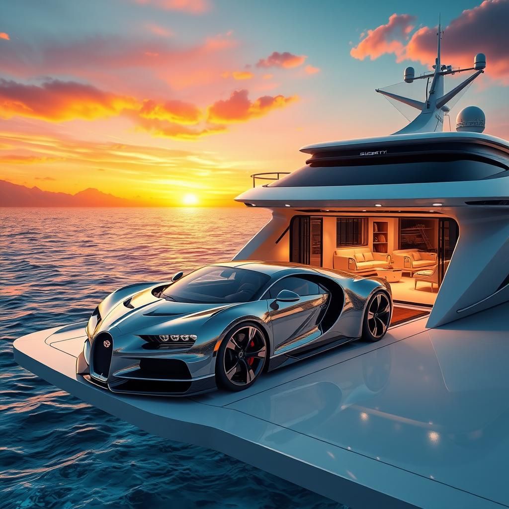 Futuristic Yacht with Bugatti, Anime Style