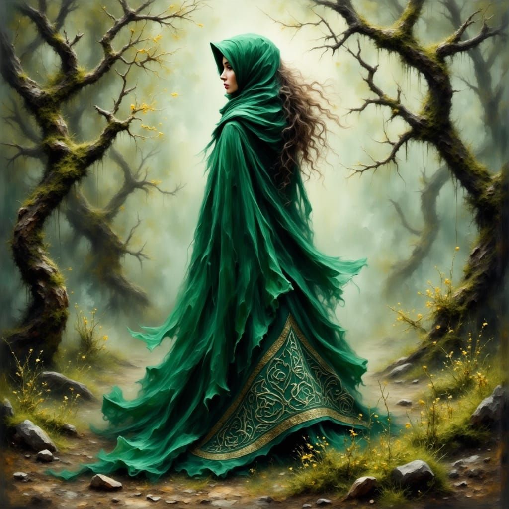 Mystical Faerie Queen in Emerald Cloak Amidst Irish Landscap...