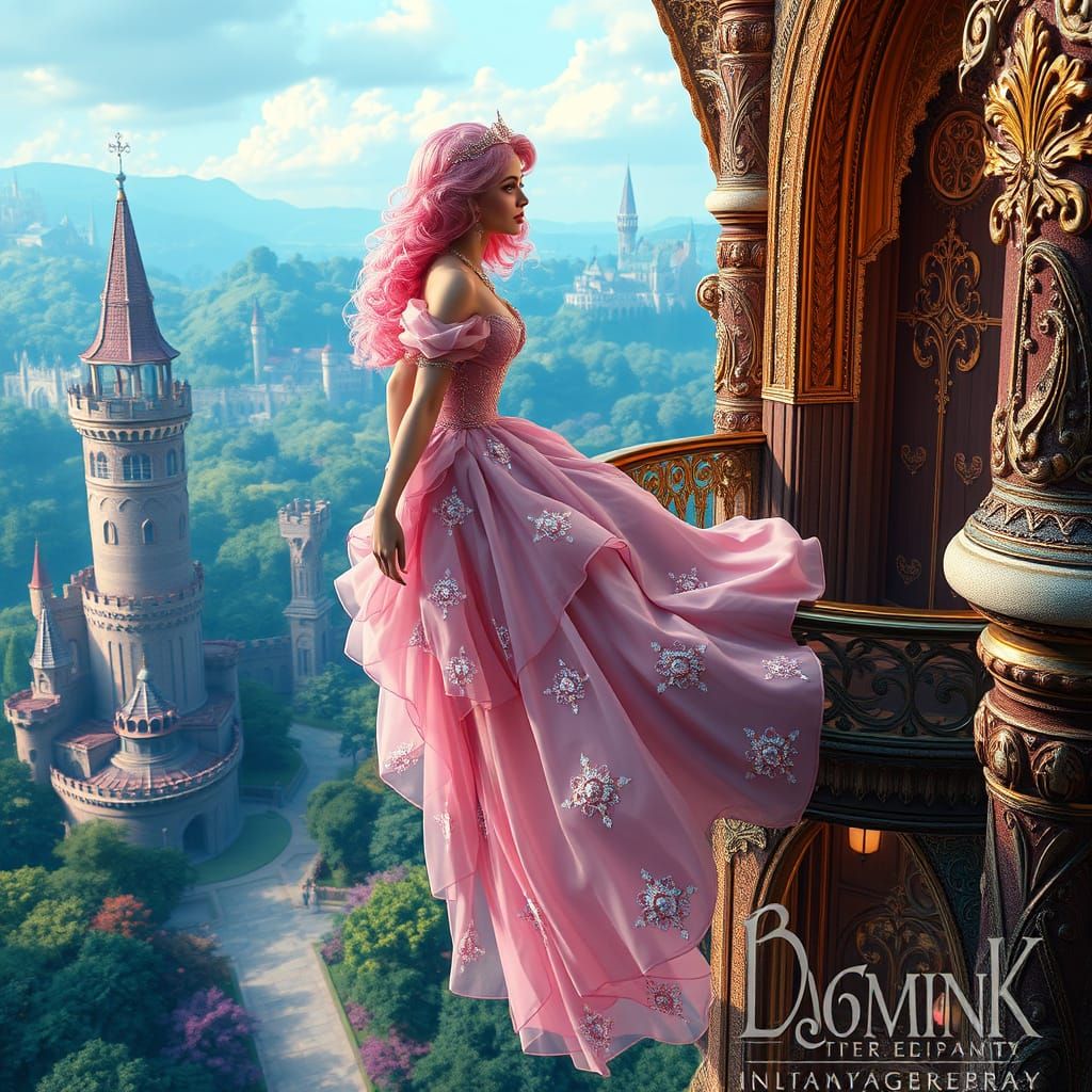 Whimsical Fantasy Princess in Ethereal Castle Balcony