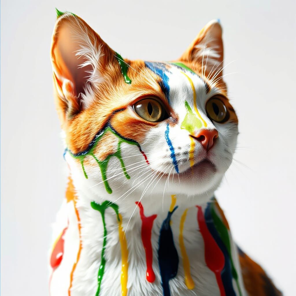Abstract Cat Portrait in Bright Paint Drips