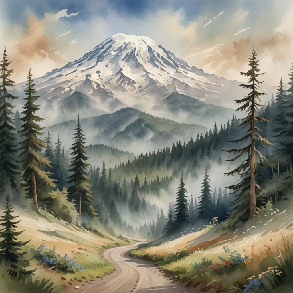 Mount Rainier in Atmospheric Watercolor Style