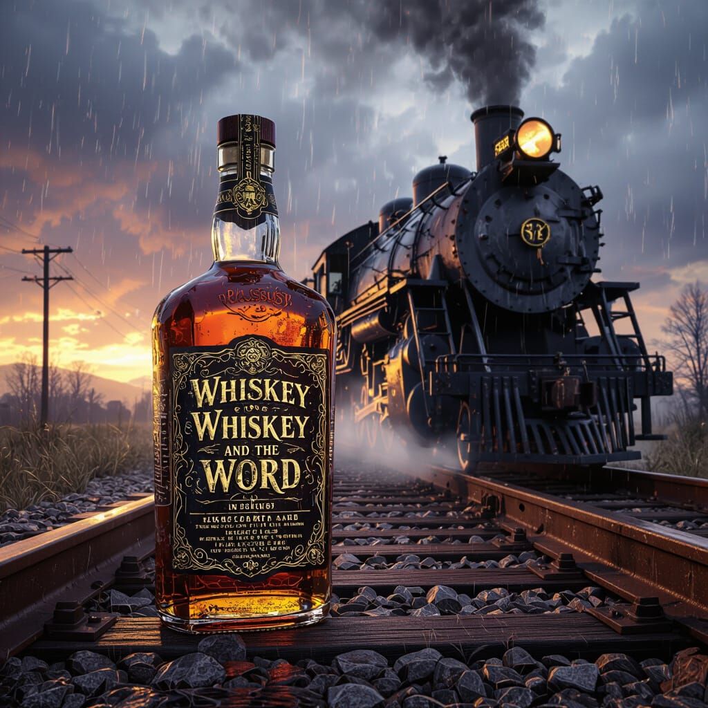 Whiskey Bottle on Train Tracks in Dark Fantasy Style