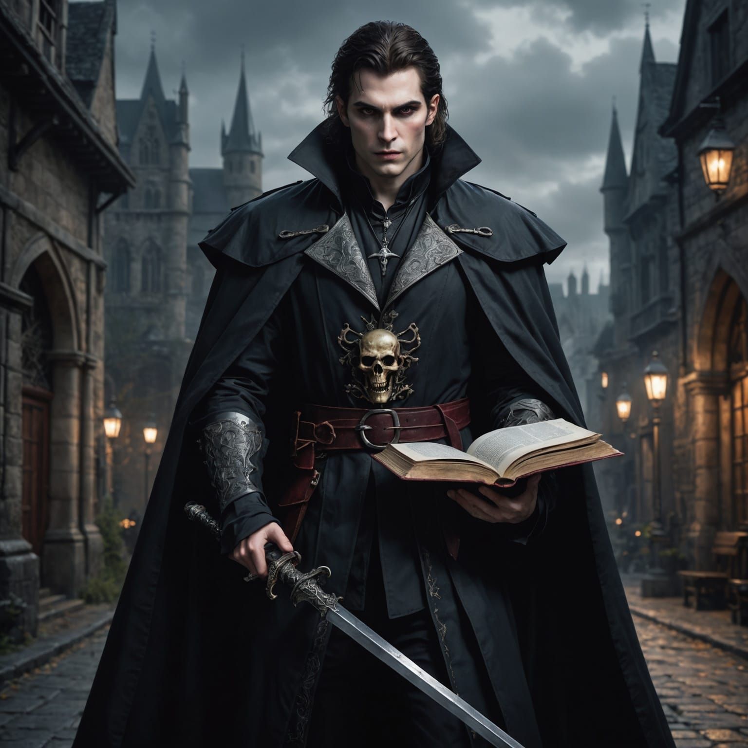 Anime Vampire with Sword and Magic Book