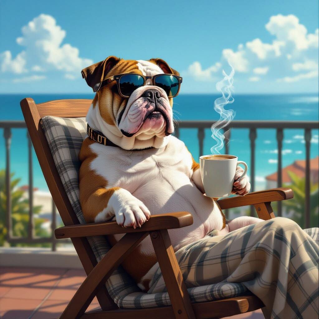 French Bulldog Lounging with Coffee, Photorealistic Style