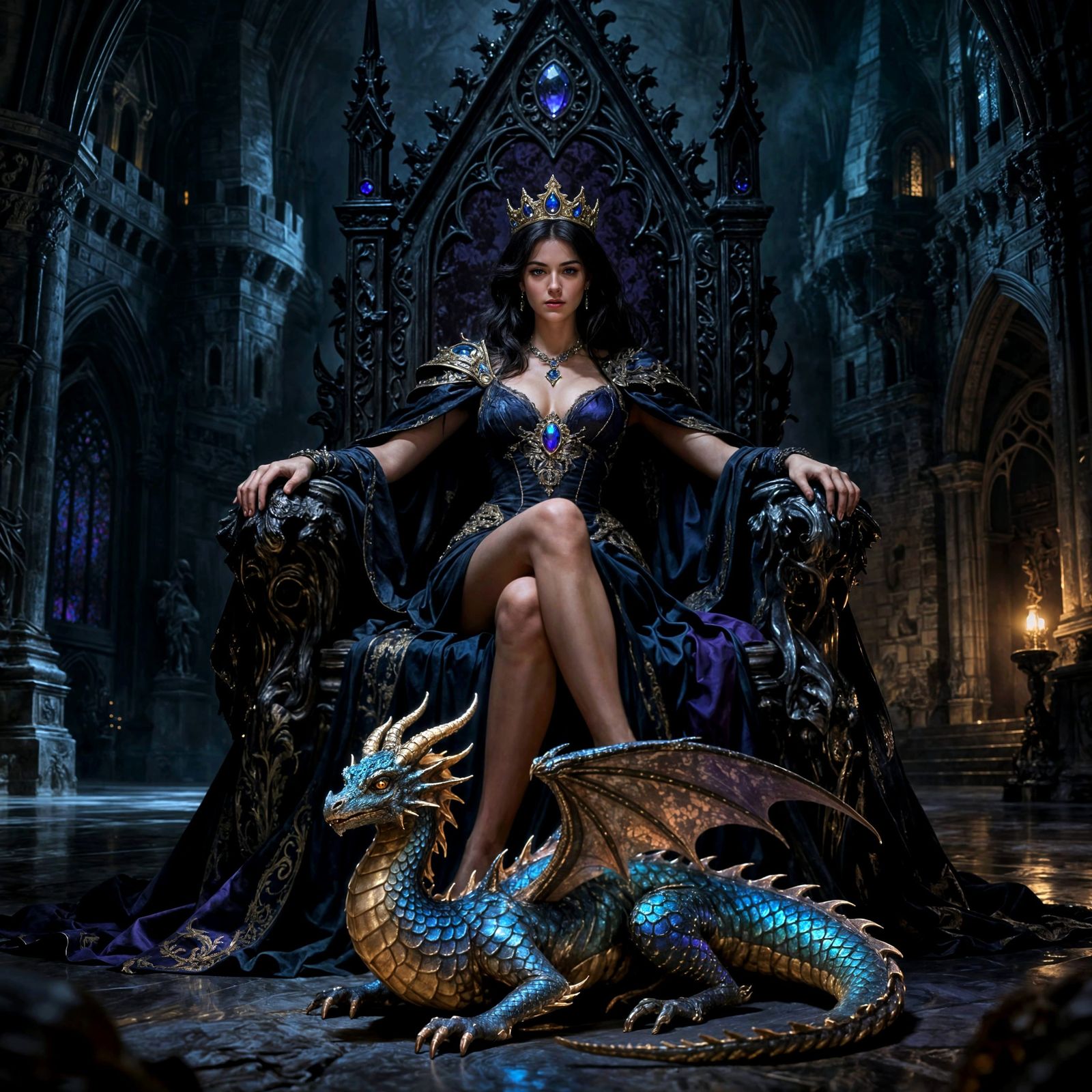 Gothic Queen on Throne with Dragon