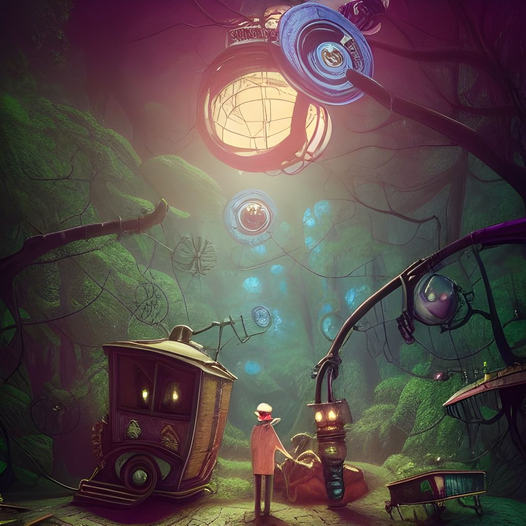 Steampunk Caravan in Creepy Forest, Fantasy Art