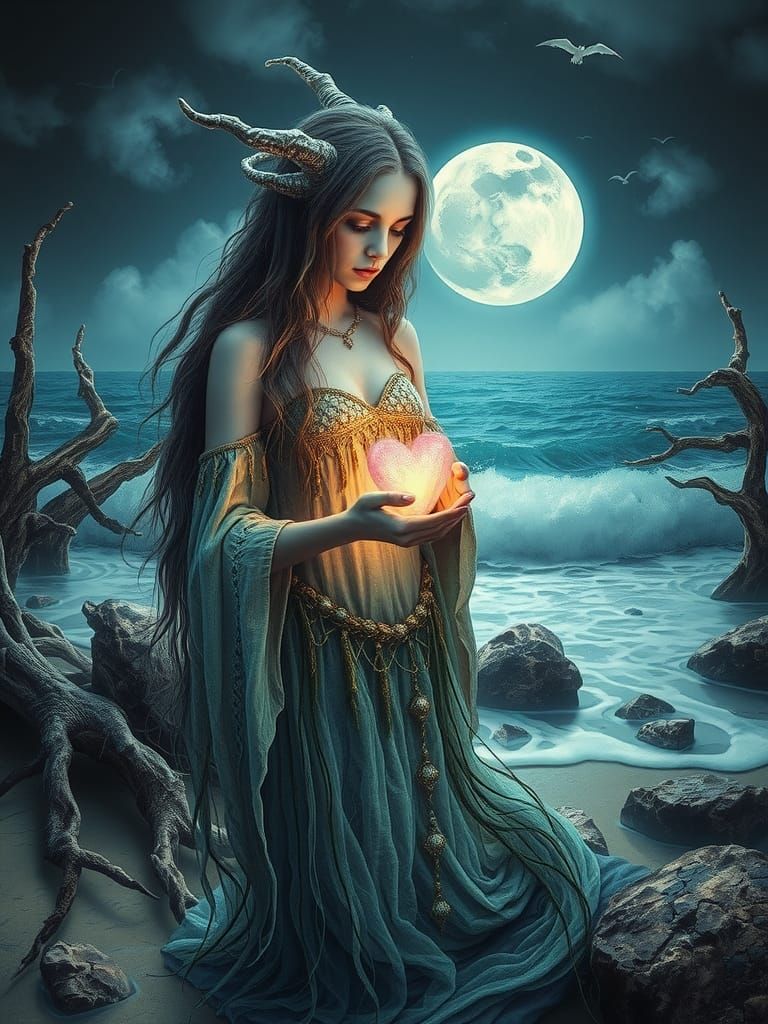 Mystical Siren with Glowing Heart on Moonlit Beach