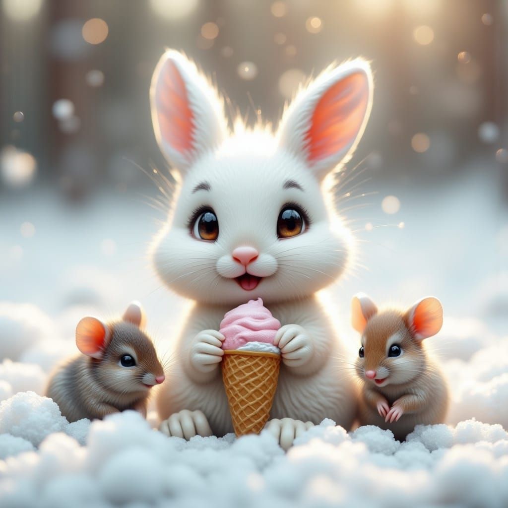 Happy Fluffy Bunny Friends Enjoy Snowy Ice Cream Treat