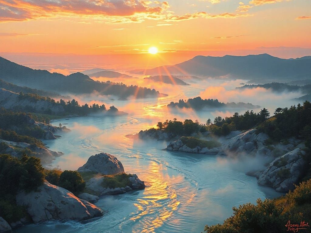 Dreamy Sunset River in Whimsical Oil Painting Style