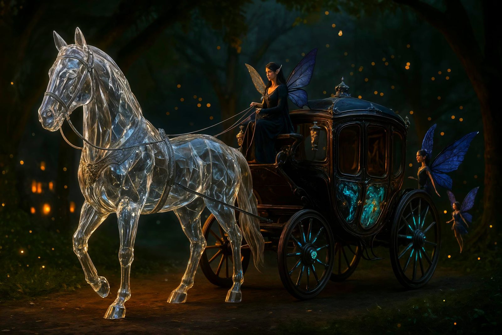 Crystal Horse-Drawn Coach in Bioluminescent Fairytale Forest