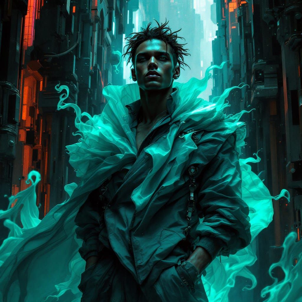 Cyberpunk Male Model Portrait in Dystopian Cityscape