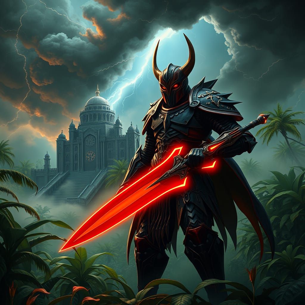 Cyberpunk Warlord in Crimson-Black Armor Stands on Jungle Pl...