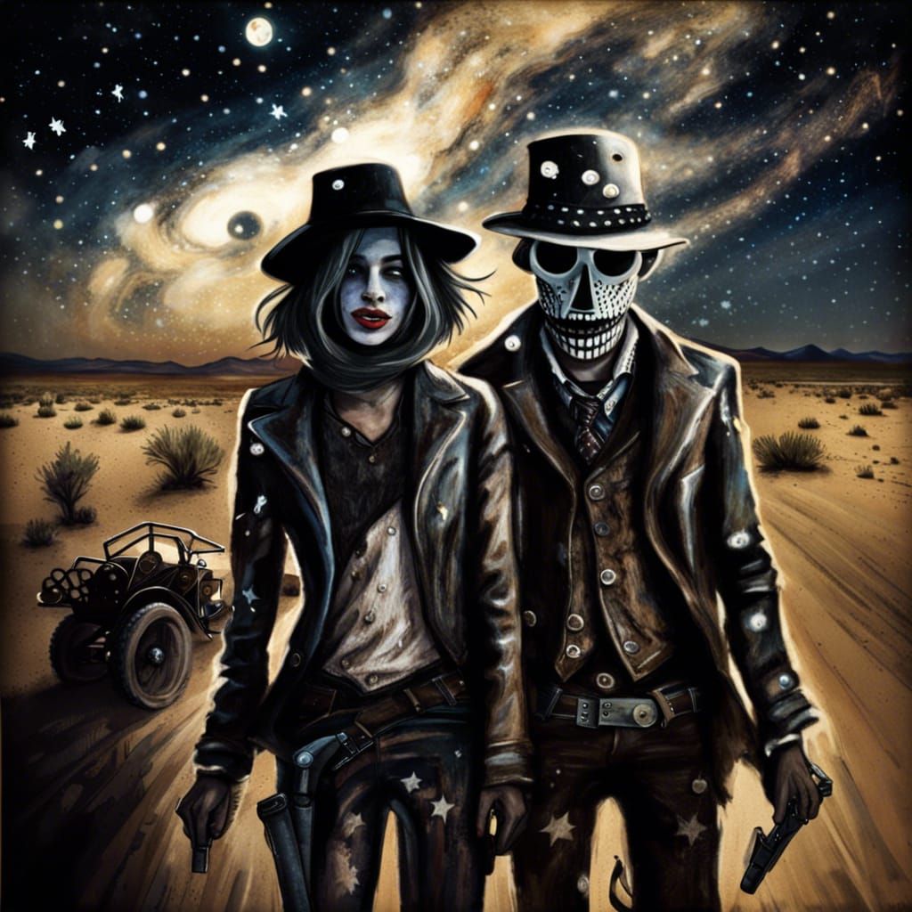 Ghost Bonnie and Clyde in Desert, Tim Burton Style