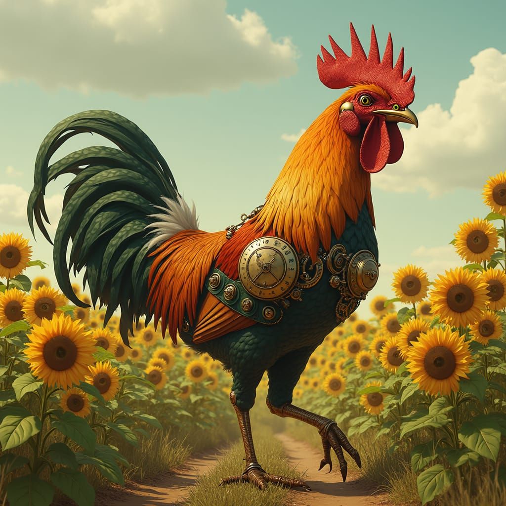 A colossal steampunk rooster, its brass and copper body glea...