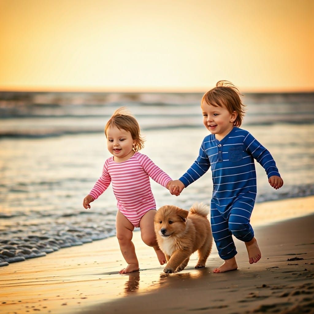 Joyful Children Chasing Puppy on Beach at Sunset