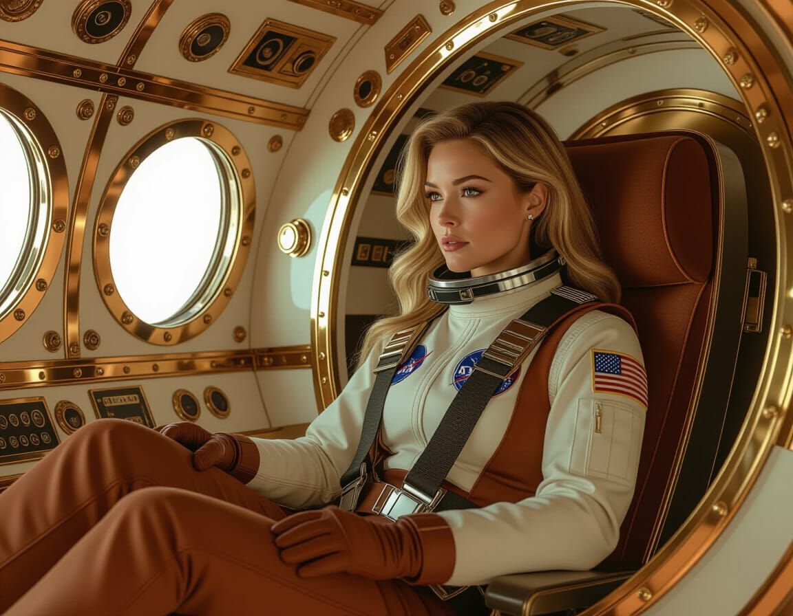 Astronaut Miranda in Ornate Rocketship Cabin, Retro-Futurist...