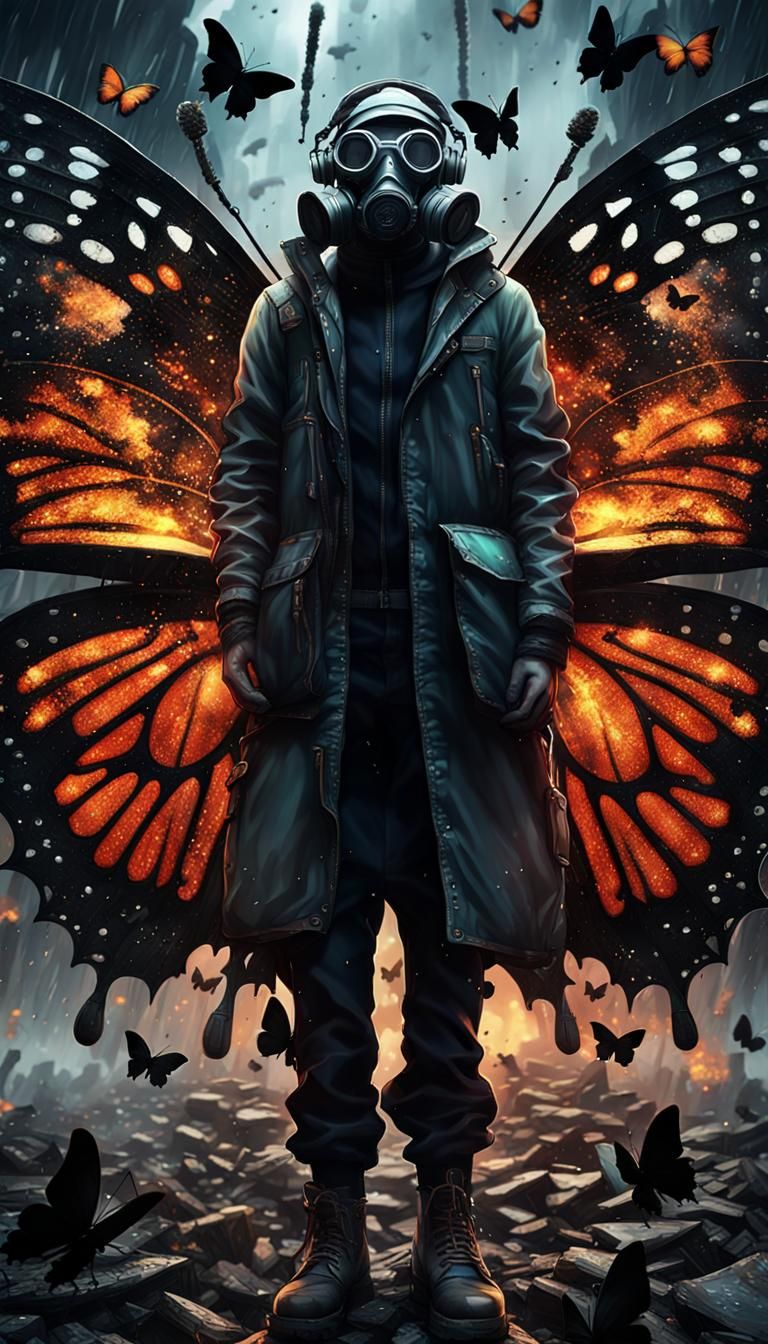 Protagonist Disintegrating into Ash Butterflies