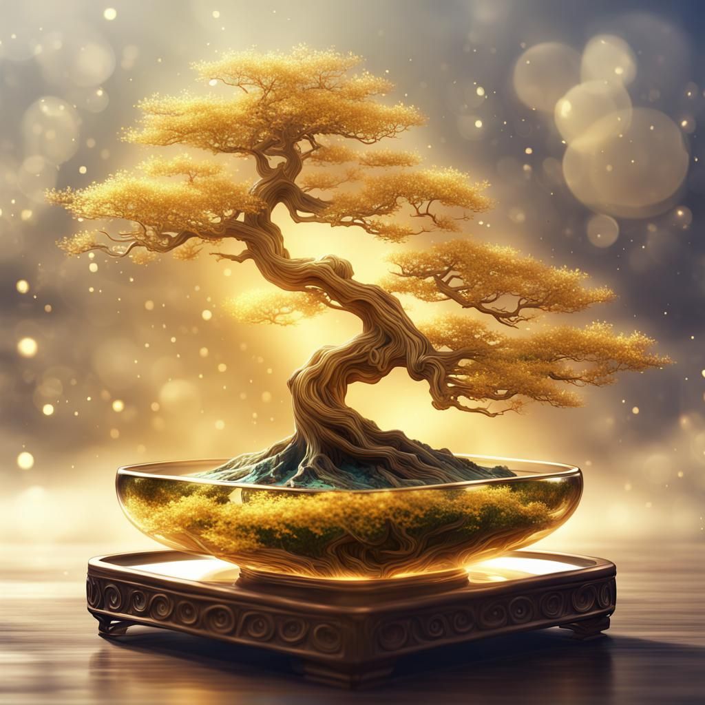 Golden Glass Bonsai: Ethereal Cosmic Concept Art