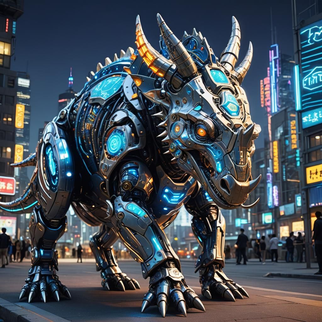 Anime Cyborg Triceratops in Futuristic Cityscape