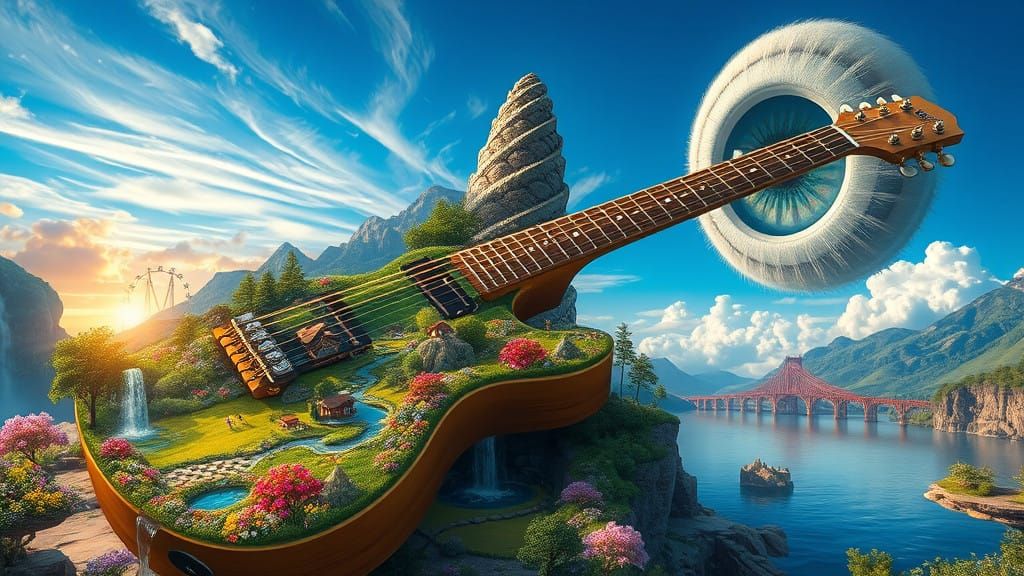Surreal Fantasy Guitar Unfolds with Miniature Landscapes and...