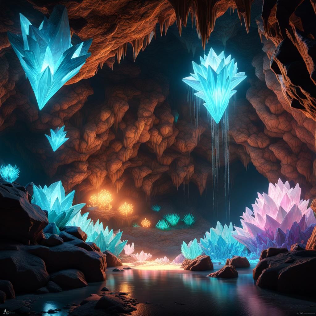 Glowing Crystals Cave: Hyperdetailed Fantasy Art
