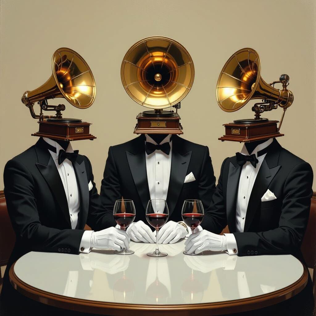 Surreal Gramophone Heads in a Dali-esque Scene