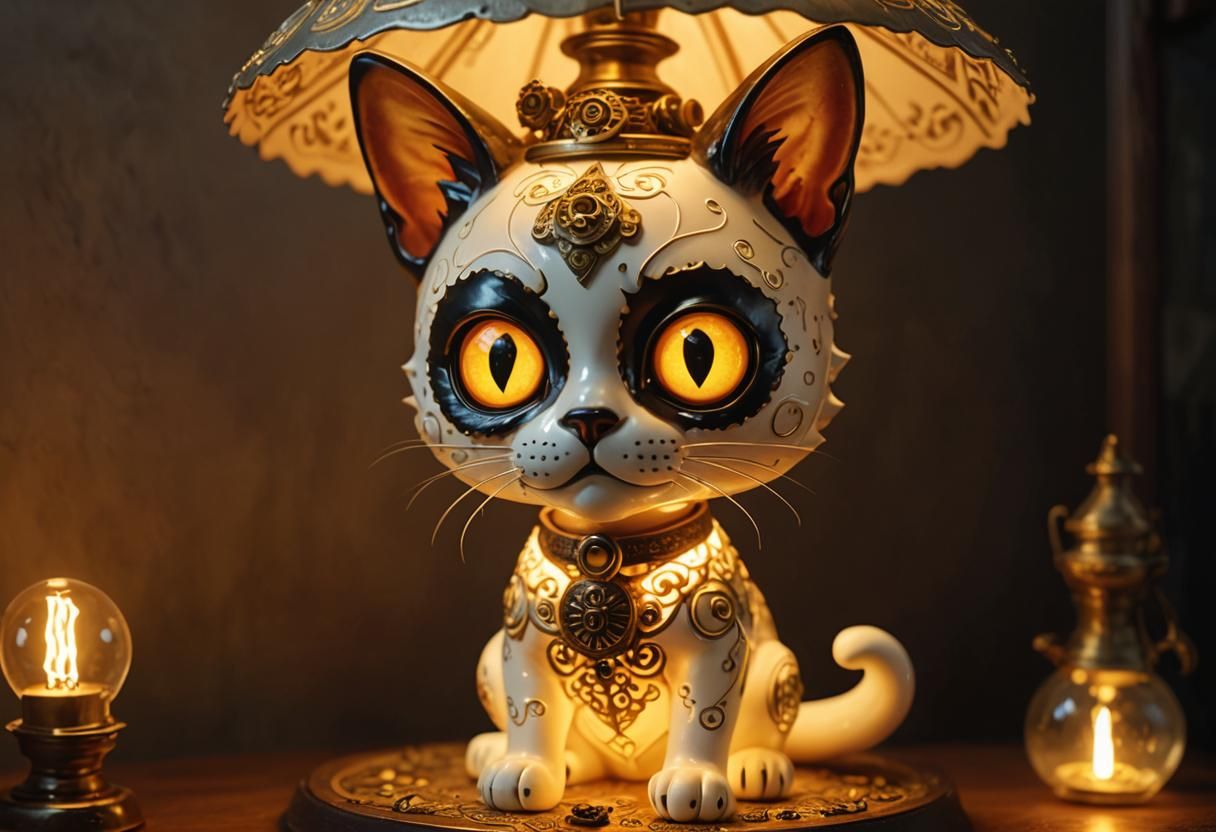 Steampunk Catrina Cat Lamp in Metarealism Style