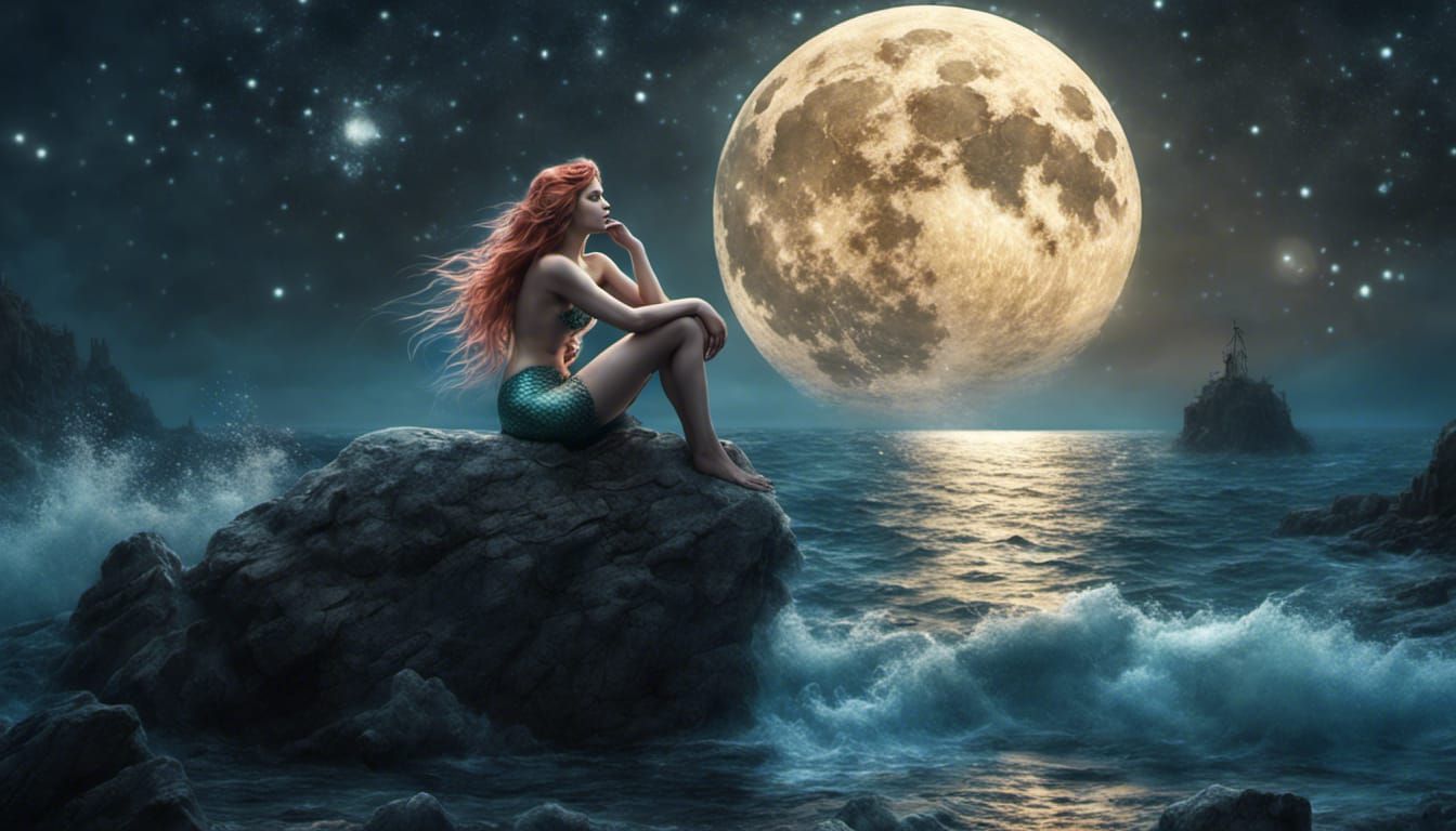 Detailed Mermaid Under a Starry Moonlit Sky