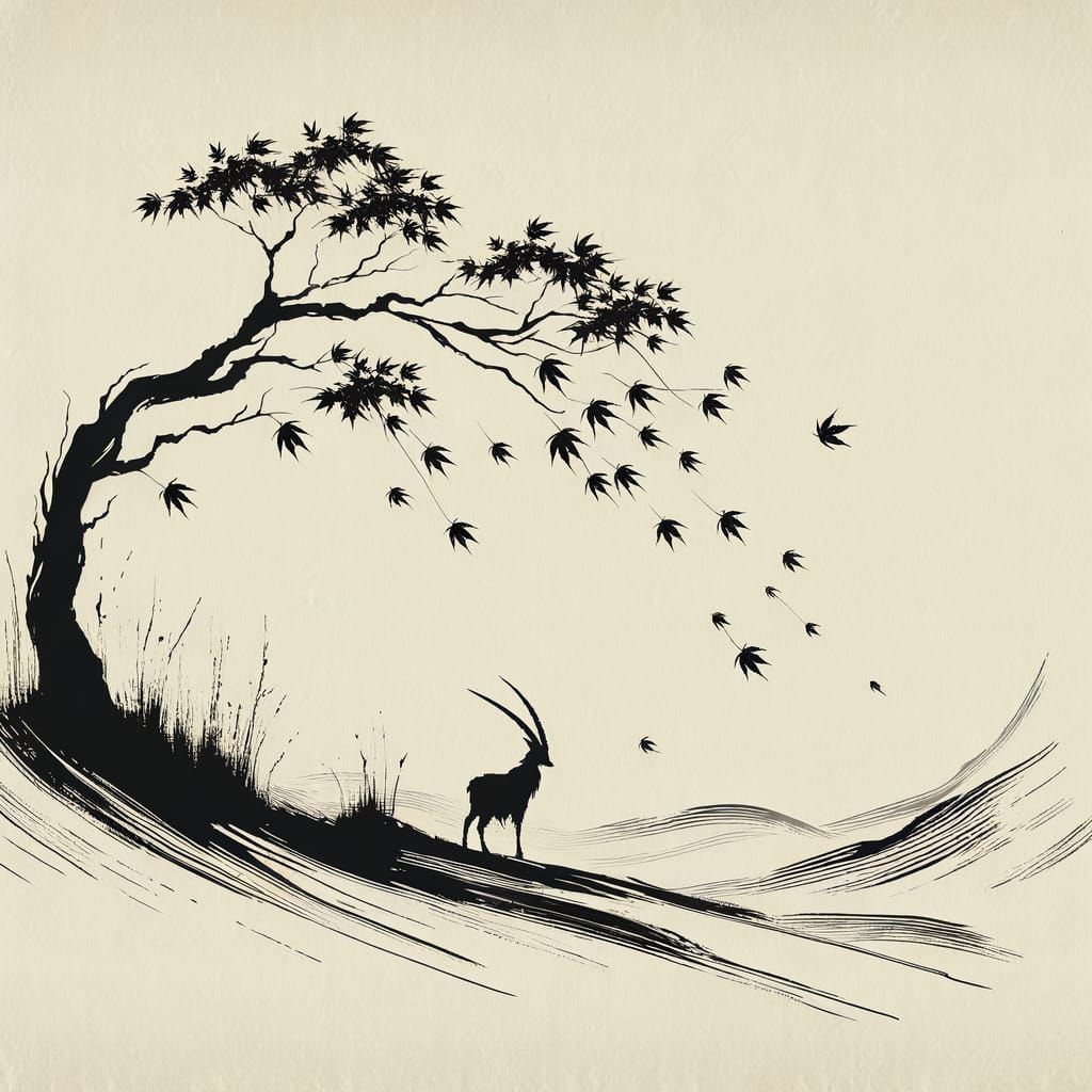 Serene Japanese Forest Scene with Antlered Figure
