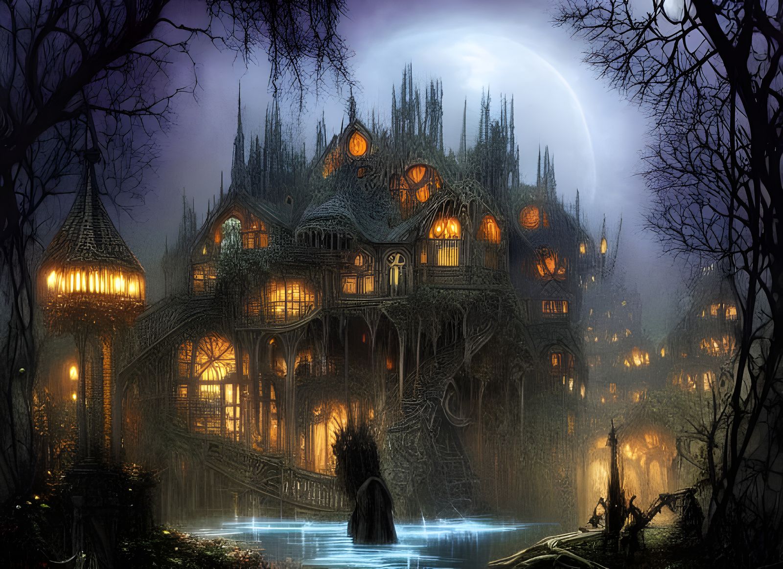 Epic dark fantasy creepy gothic house glowing lights
