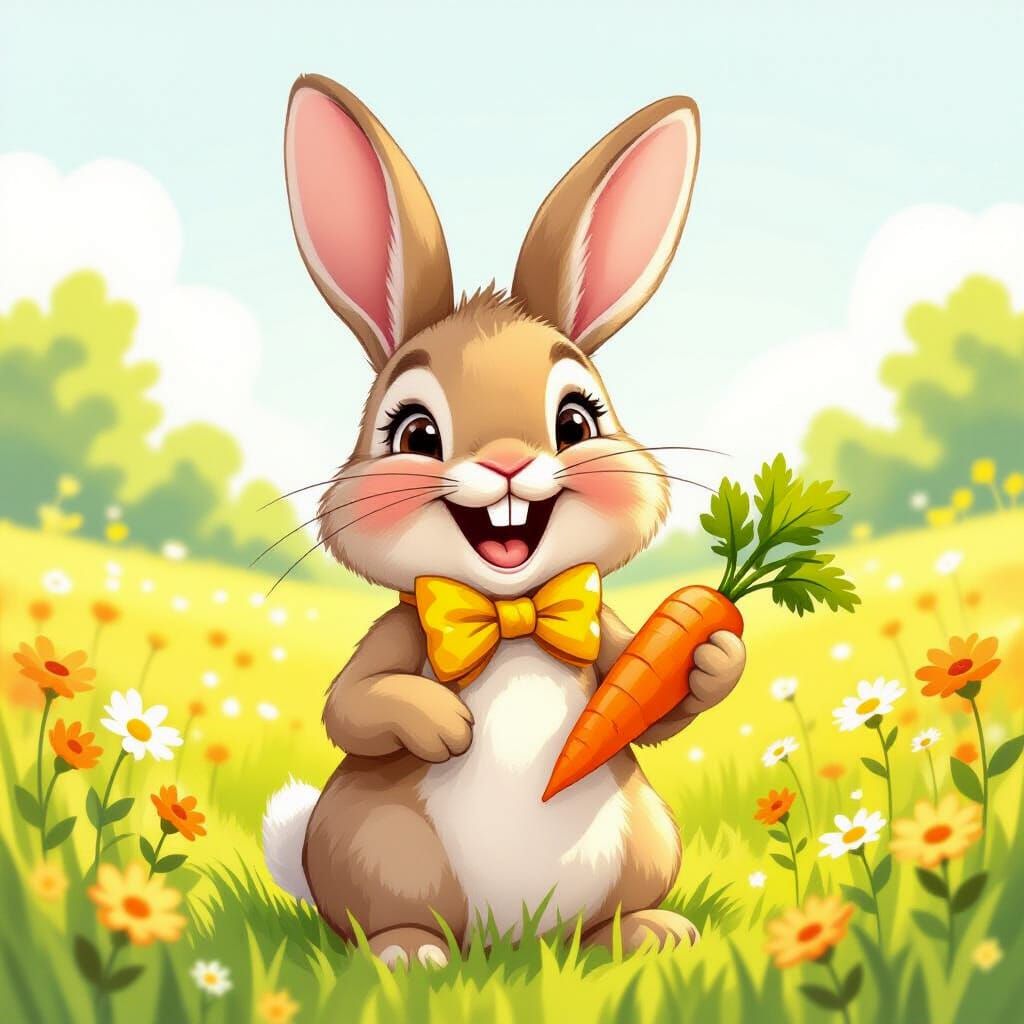 Laughing Bunny in Sunny Meadow, Watercolor Illustration