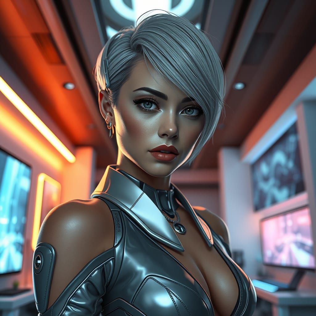 Futuristic Woman in Modern Home with Holographic Accents