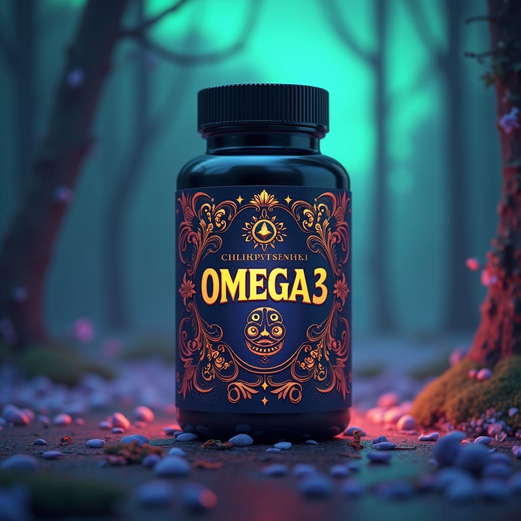 Fantastical Omega-3 Supplement Bottle in Matte Painting Styl...