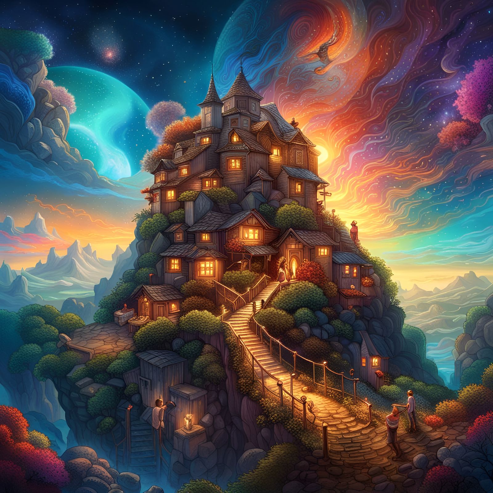 Hyperrealistic Village Under Stellar Sky