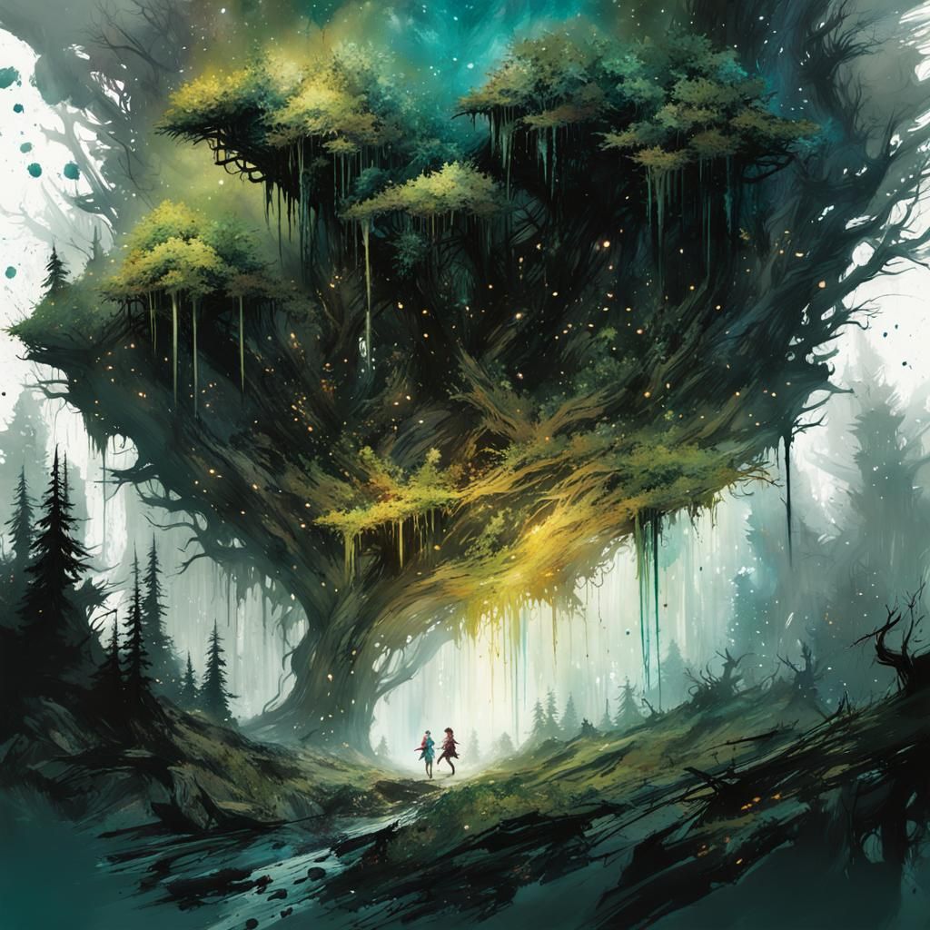 Pixies in Eldritch Forest, Ink Splatter Splash Art