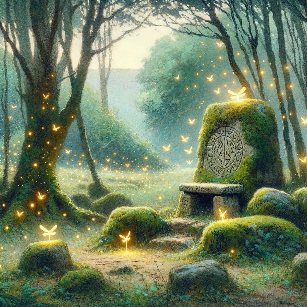 Enchanted Forest Clearing with Fireflies and Rune Stones