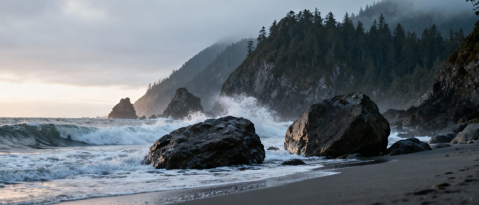 Rainforest Cliffs and Ocean Waves at Sunrise
