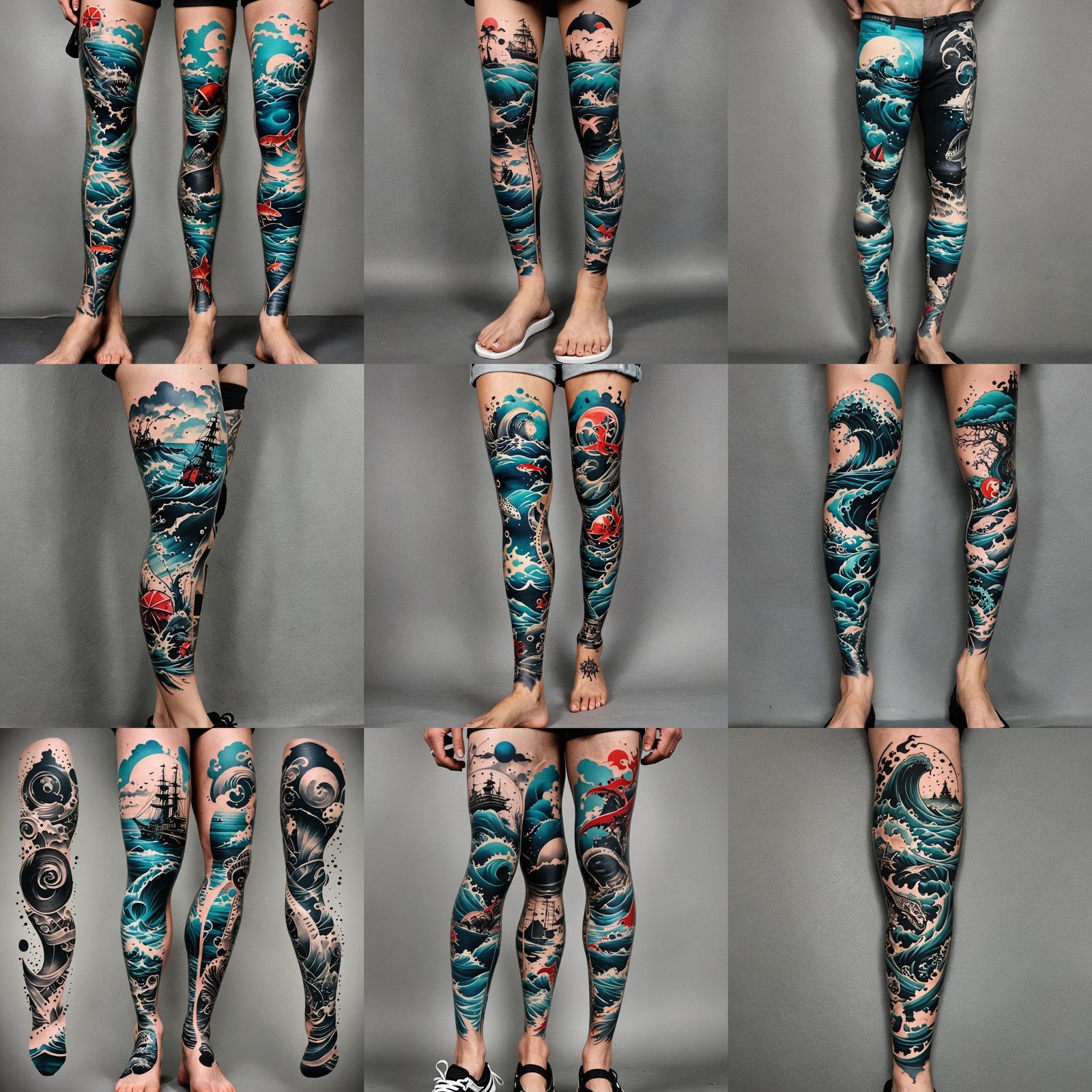 Trash Polka Ocean Leg Sleeve Tattoo
