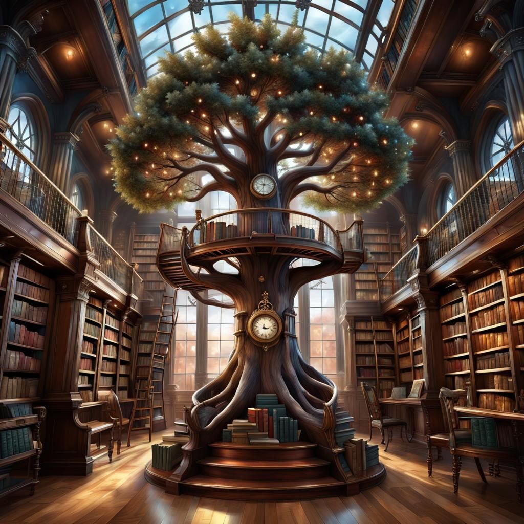 Steampunk Book Tree in Winter Library