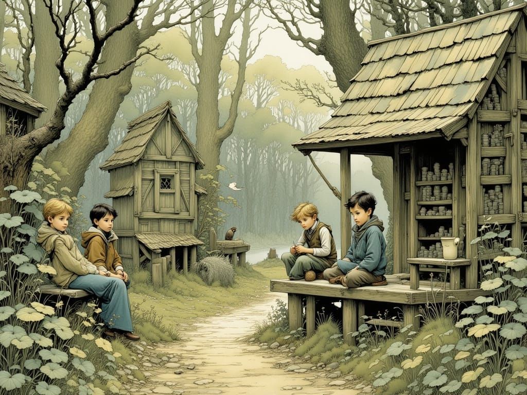 Whimsical Children Feed Birds in a Forgotten Playground