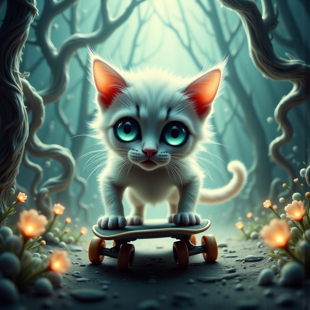 Dreamlike Whimsy: Kitten Soars on Skateboard in a Fantastica...