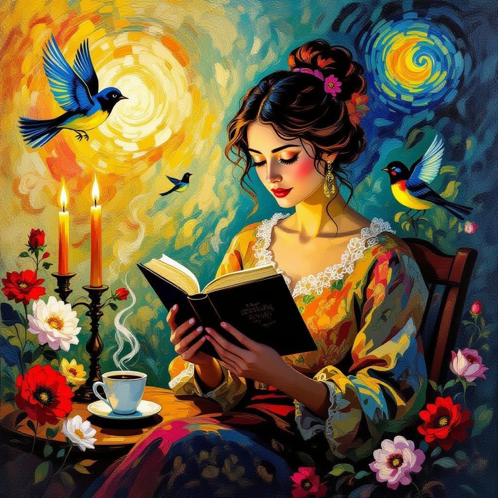 Dreamlike Scene of Woman in Golden Candlelight, Surrounded b...