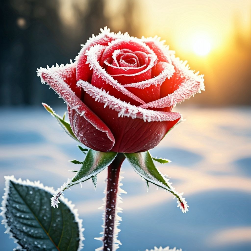 Crimson Rose with Frost Under Golden Sunrise