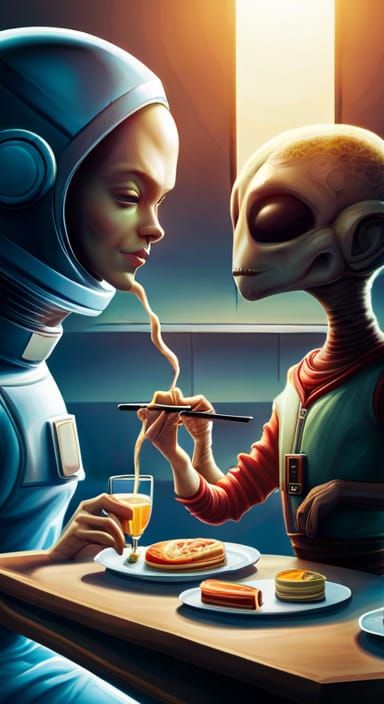 Alien and Astrowoman having breakfast