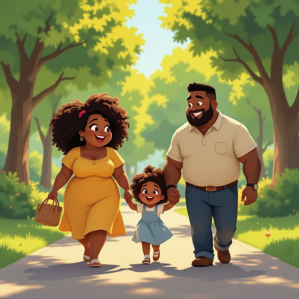 Joyful Morning Walk: Animated Family Scene