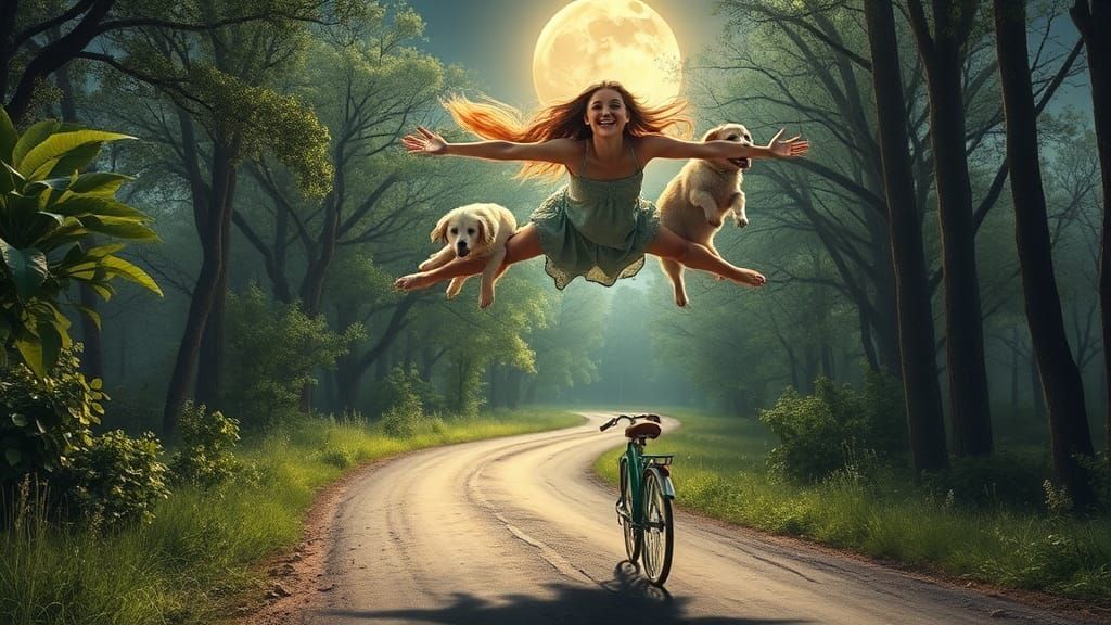 Woman Soars with Dogs in Enchanted Forest