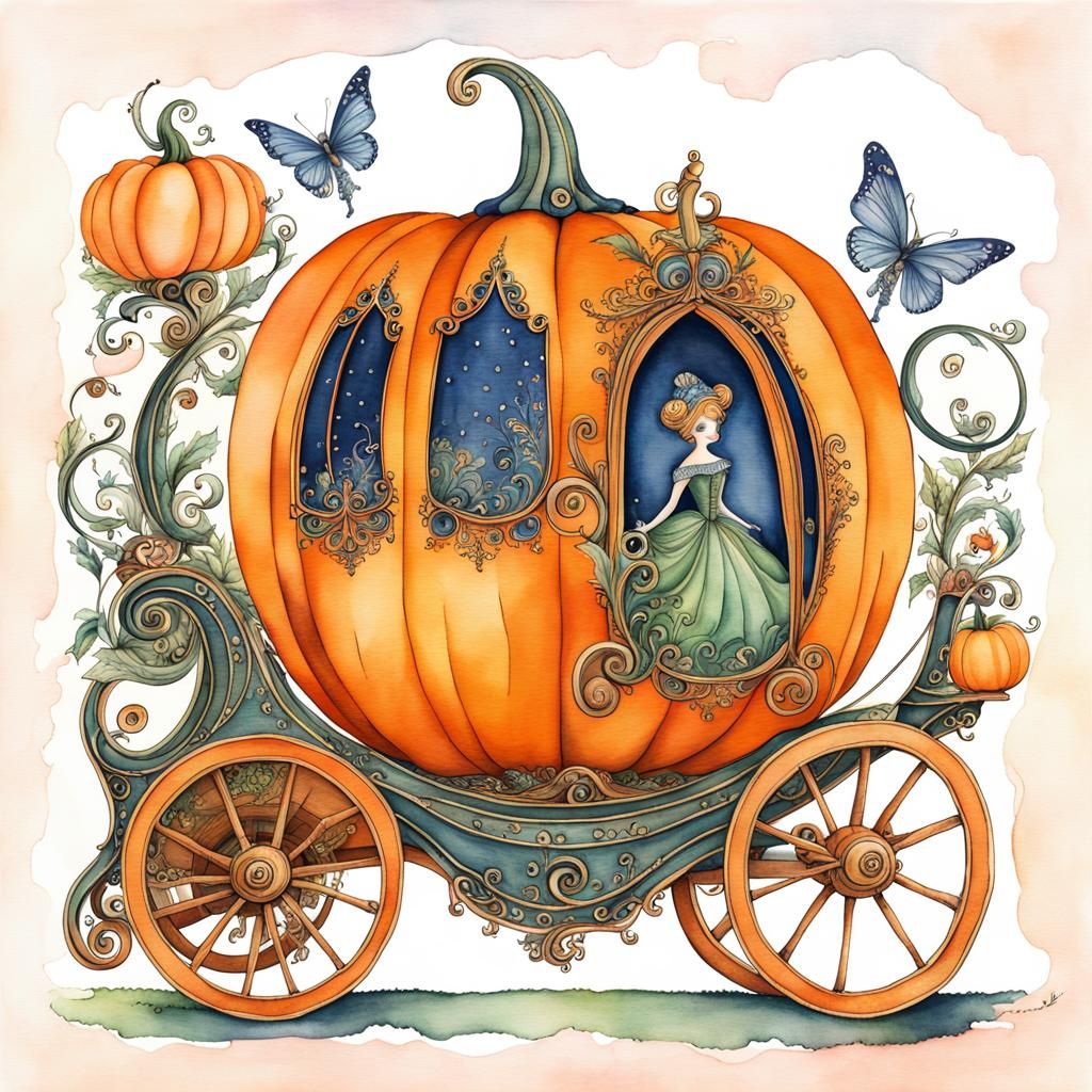 Pumpkin Carriage and Fairy Godmother: Watercolor Illustratio...