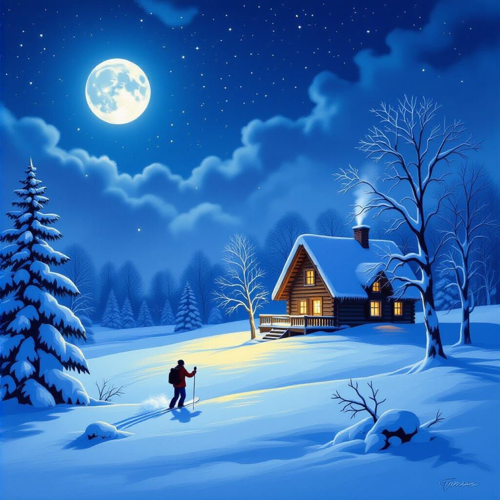 Snowy Owl in Moonlit Winter Sky