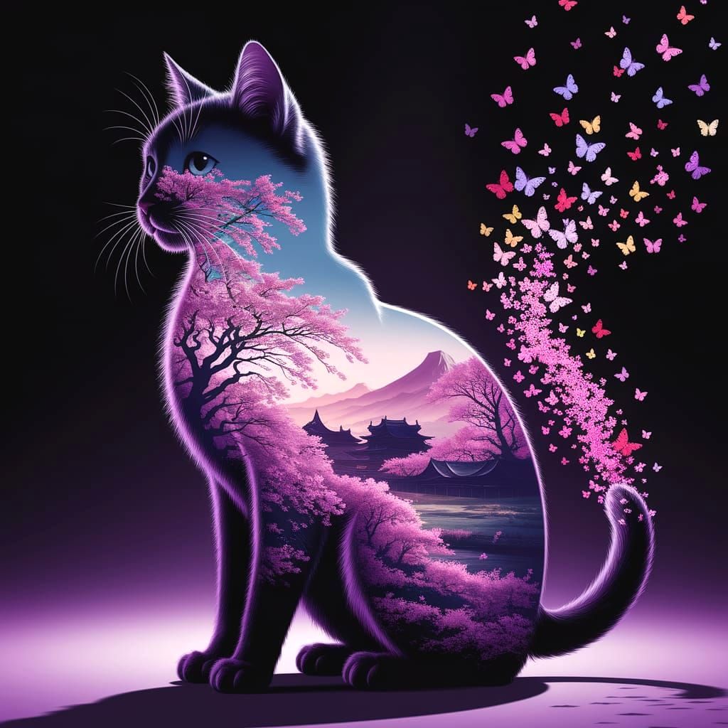 Cat Silhouette with Japanese Landscape and Blossoms