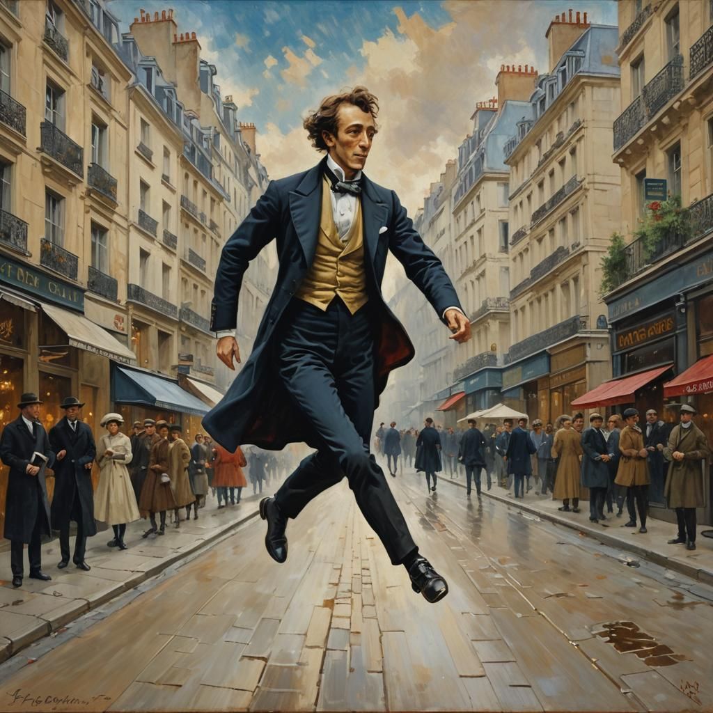 Man's Joyful Leap in Paris, Oil Painting